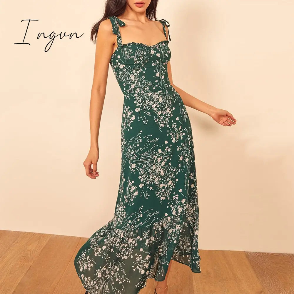 Ingvn - Dresses For Women Elegant Vintage Floral Dress Frill Sweetheart Neck Sleeveless Strap Tie Ruffle Hem Summer Beach Dress