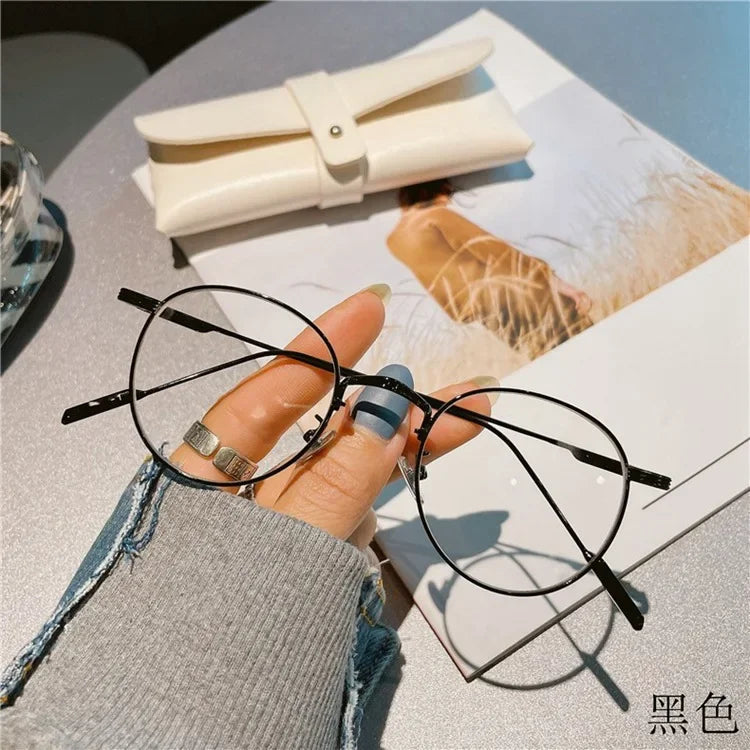 INGVN  Korean Retro Alloy Glasses Frame Girl Ins No Makeup Plain Glasses Men Light Eyewear Cute Decorative Computer Glasses