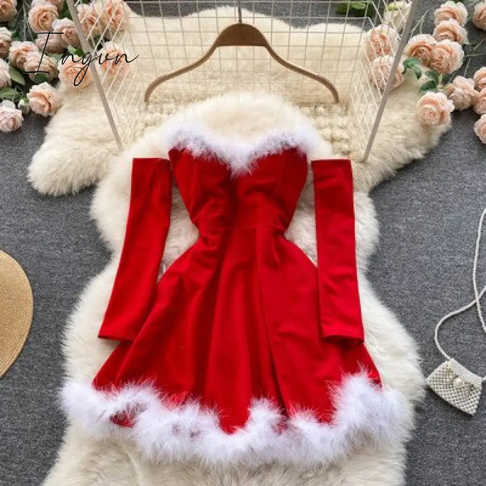 Ingvn - Gifts For Women Elegant Dress For New Year Strapless Backless Furry Sexy Short Mini Christmas Dress Navidad Red Party Dress Femme
