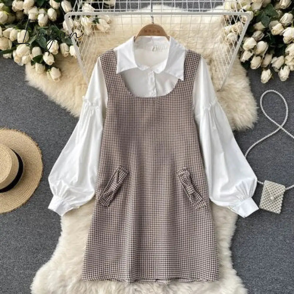 Ingvn - Autumn Elegant 2 Piece Set Overalls Dress Women Lapel White Lantern Sleeve Ruffle Shirt Top +Bow Houndstooth Vest Dress New