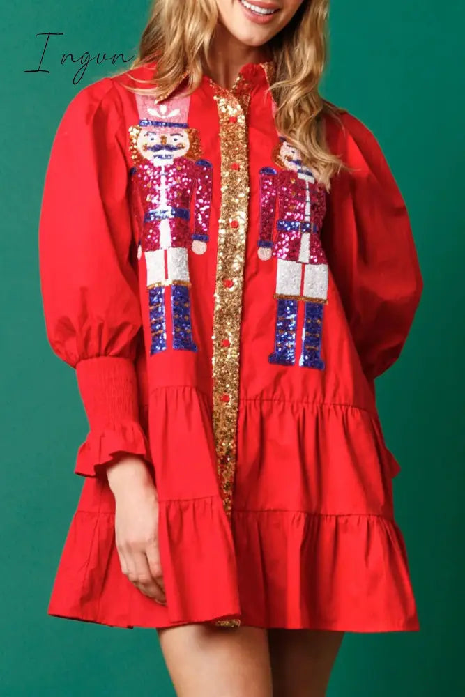 Ingvn - Sweet Solid Sequins Contrast Turndown Collar Long Sleeve Dresses