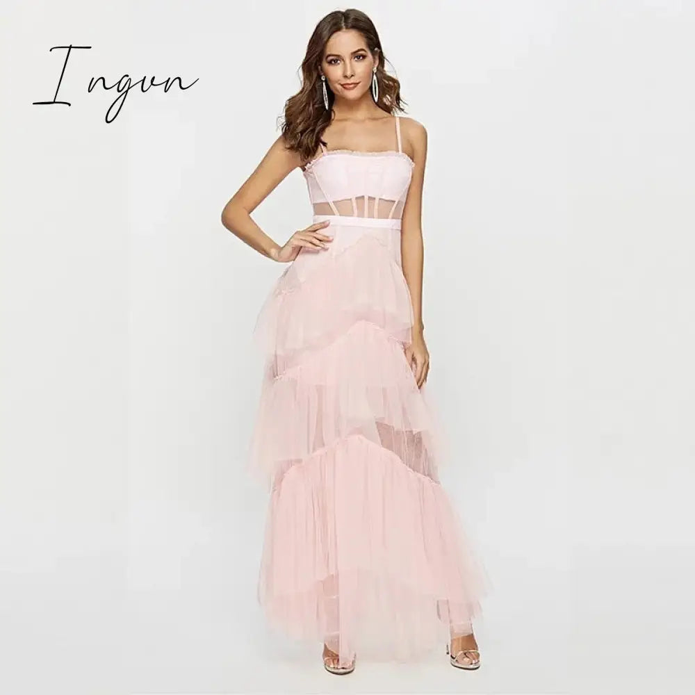 Ingvn - Womens Fashion Summer Sling Long Lace Dress Women Hollow Stitching Sexy Bubble Dress Backless Sleeveless Plus Size White Party Elegant Clothes