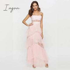 Ingvn - Womens Fashion Summer Sling Long Lace Dress Women Hollow Stitching Sexy Bubble Dress Backless Sleeveless Plus Size White Party Elegant Clothes