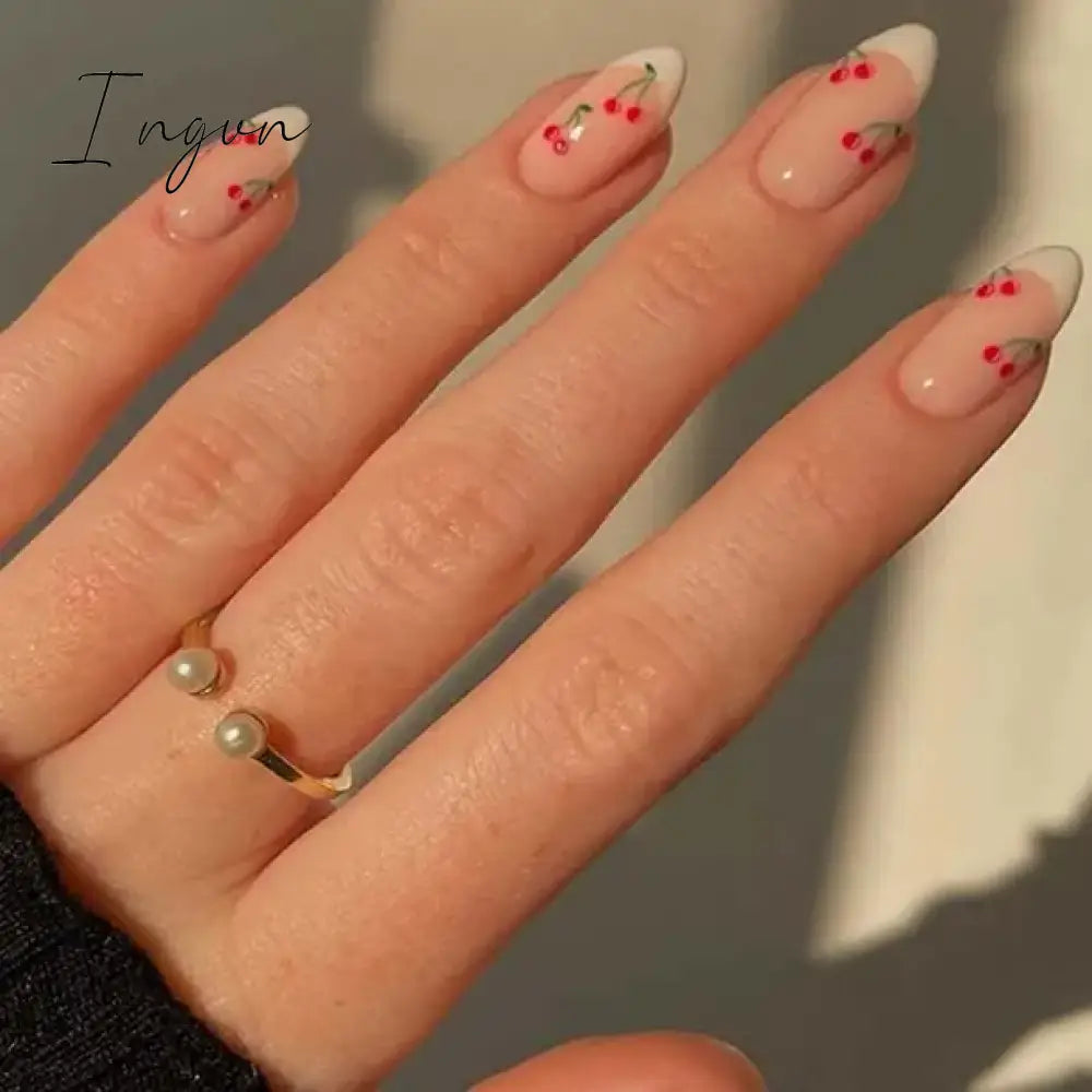 24Pcs Detachable Acrylic False Nails Press On Nail Cute Cherry French Almond Wearable Artificial Fake Nails Full Cover Nail Tips