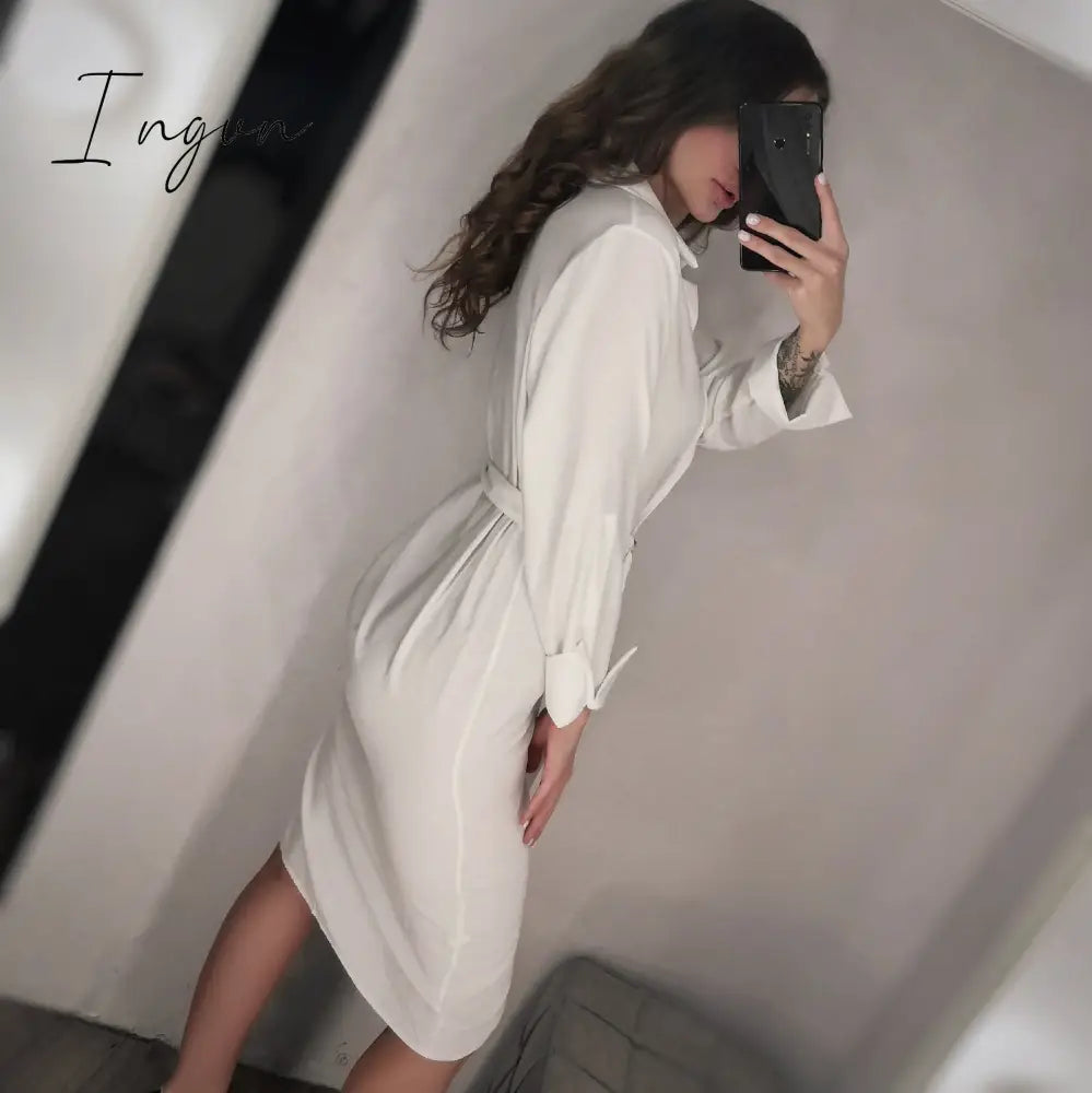 Ingvn - Summer Women'S Dress Shirt Dress Long Evening Female Vintage Maxi Party Beach Women Dresses Casual Elegant Prom Pure White