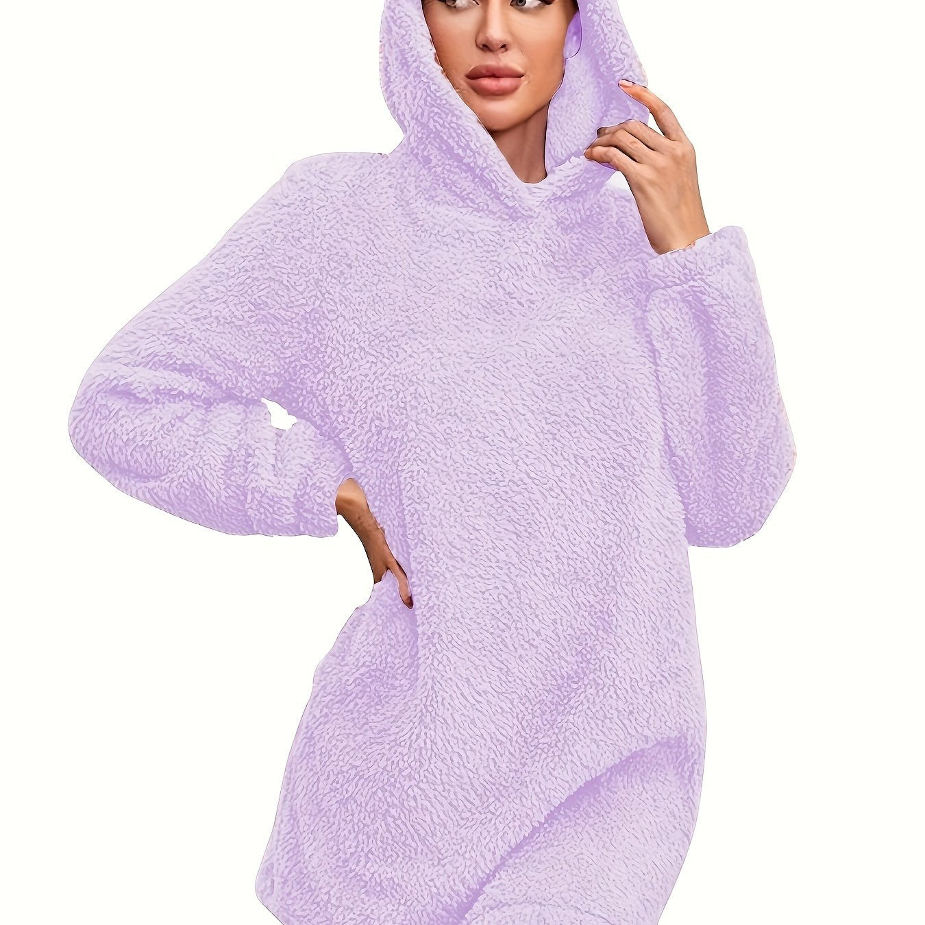 Cozy Fuzzy Solid Color Loose Fit Hooded Dress - Women's Casual Long Sleeve Dresses for Fall & Winter - Soft, Warm, and Comfortable Clothing for Everyday Wear