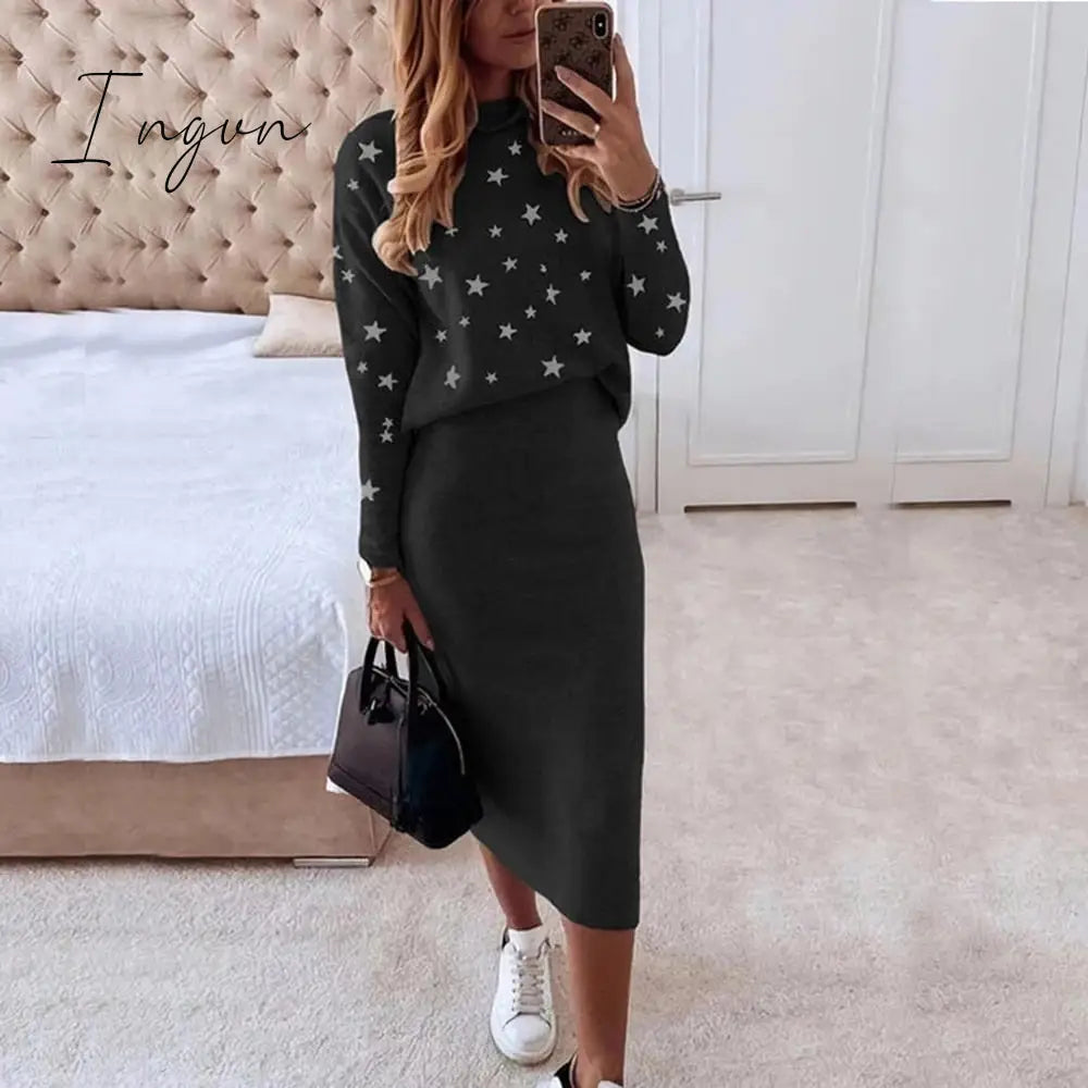 Ingvn - Women Skirts 2 Piece Set Autumn Winter Elegant Stars Print Turtleneck Sweatshirts and Slim Skirt Suits Office Lady Outfits