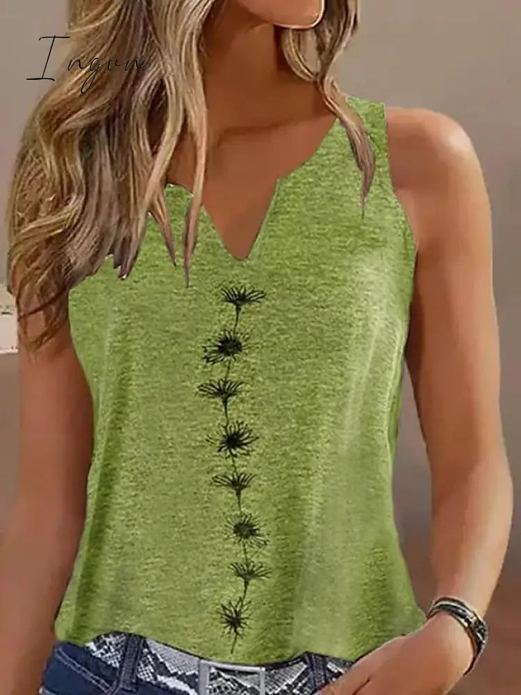Ingvn - Women's Tank Top Black White Green Floral Print Sleeveless Casual Holiday Basic V Neck Regular Floral S