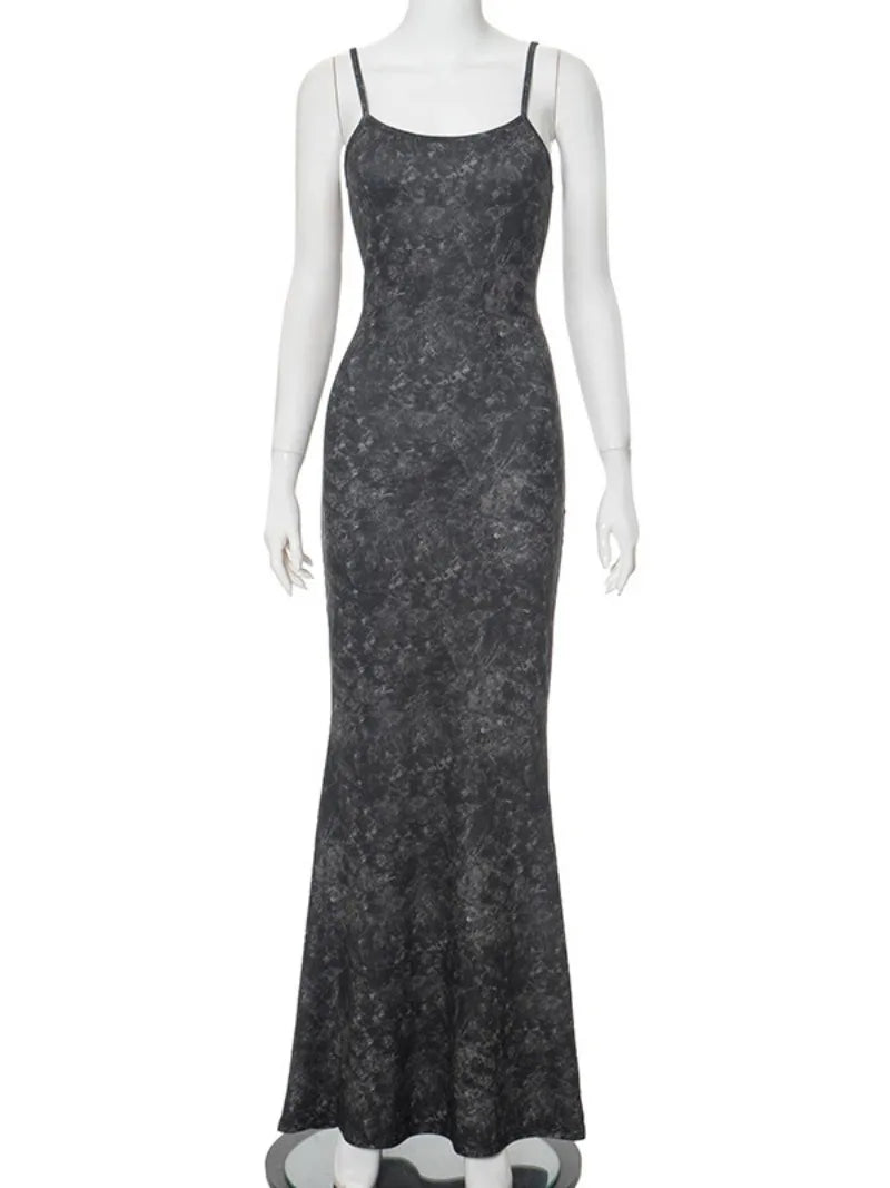 Ingvn  Black Print Sleeveless Long Dress  Woman Clothes Elegant Spaghetti Strap Backless High Waist Bodycon Holiday Party Dresses
