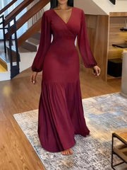 Stunning Ruched Maxi Dress - Elegant V Neck, Lantern Long Sleeves, Party-Perfect, Women's Clothing for Special Occasions