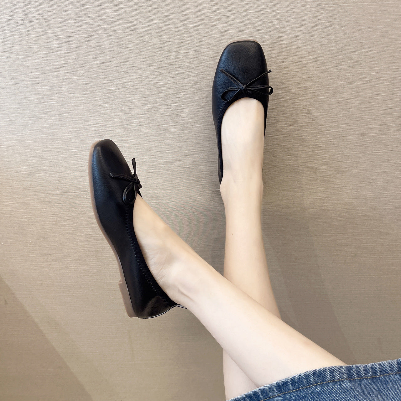 Women's bow flat shoes spring and autumn Korean style elegant shallow mouth square toe outer wear fairy style peas shoes