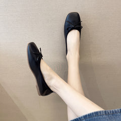 Women's bow flat shoes spring and autumn Korean style elegant shallow mouth square toe outer wear fairy style peas shoes