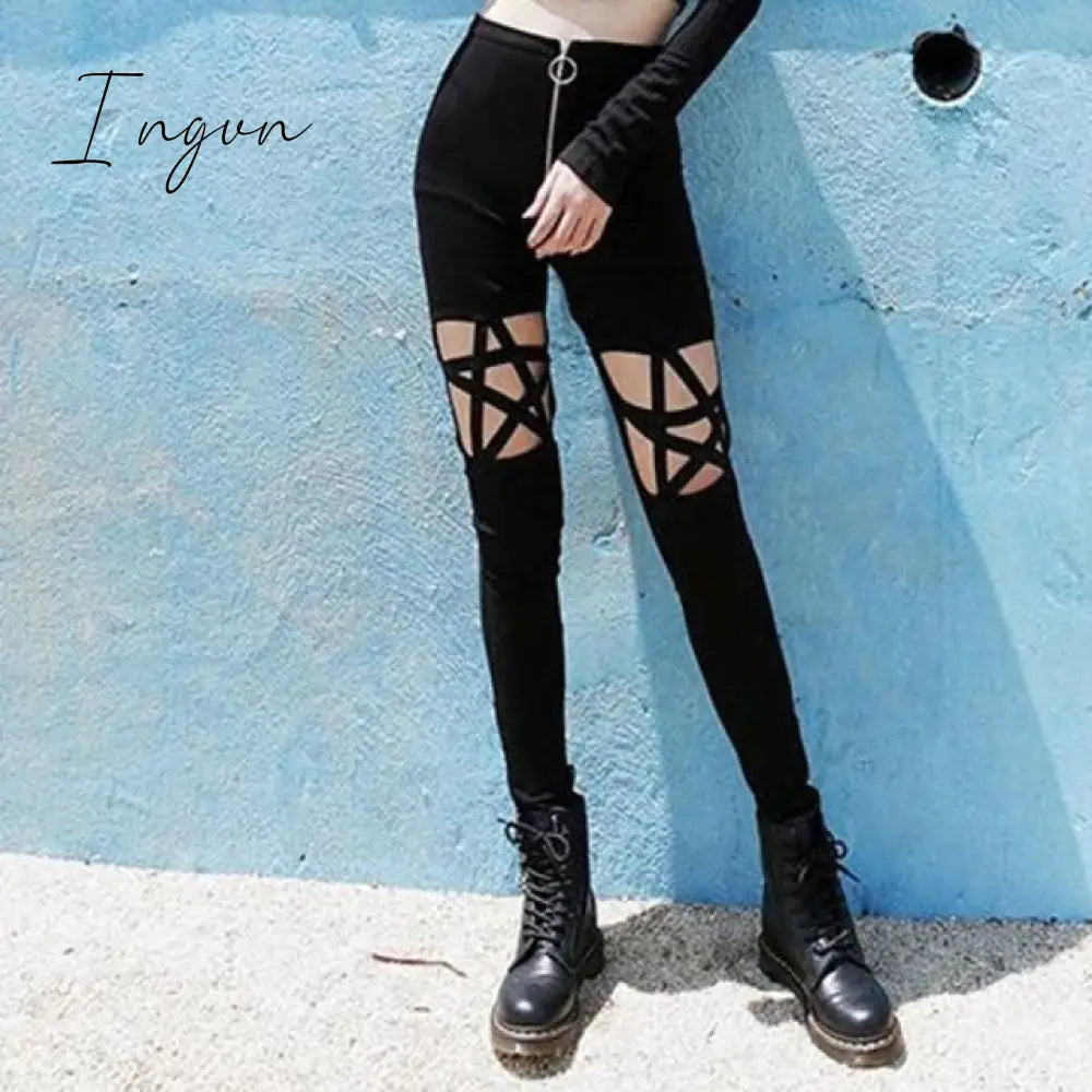 Ingvn - Rosetic Lace Up Casual Cargo Pants Women Buckle Gothic Punk Rock Dark Black Pantalons High Waist Pants Plus Size Trousers S-5XL