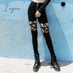 Ingvn - Rosetic Lace Up Casual Cargo Pants Women Buckle Gothic Punk Rock Dark Black Pantalons High Waist Pants Plus Size Trousers S-5XL