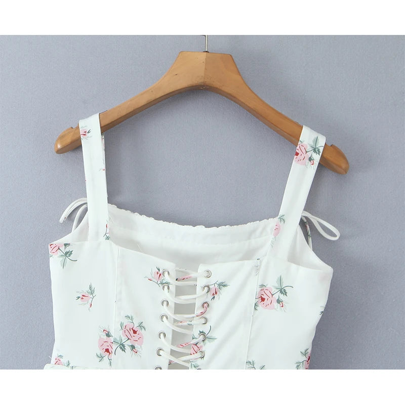Sweet Girl Floral Print Princess Mini Dress Women Sexy Sleeveless Low Waist A-line Elegant Princess Dress Croset Tie Robe