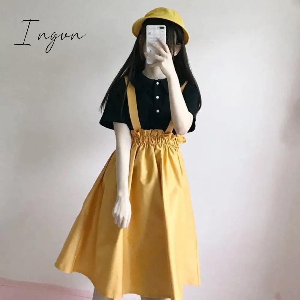 Ingvn - Spring/Autumn Women Skirts High Waist Student Korean Style Dark Vintage Ruffle Long A-line Skirts Women Fashion