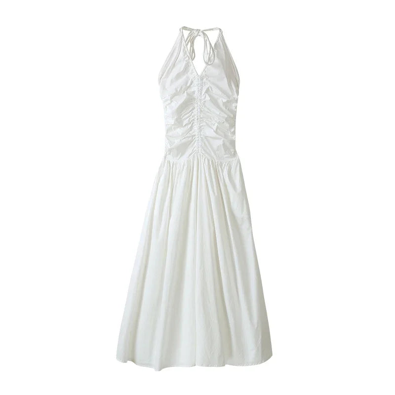 V-neck Slim Halter Dress Women Pleated Design Long Skirt Solid Vintage Y2k Dresses Korean Fashion Vestidos Para Mujer