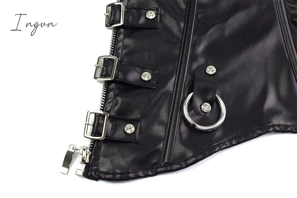 Ingvn - Faux Leather Corset Top Shoulder Strap Corselet Black Zipper Buckled Bustier Waist Trainer Vest Corset Overbust Women Steampunk