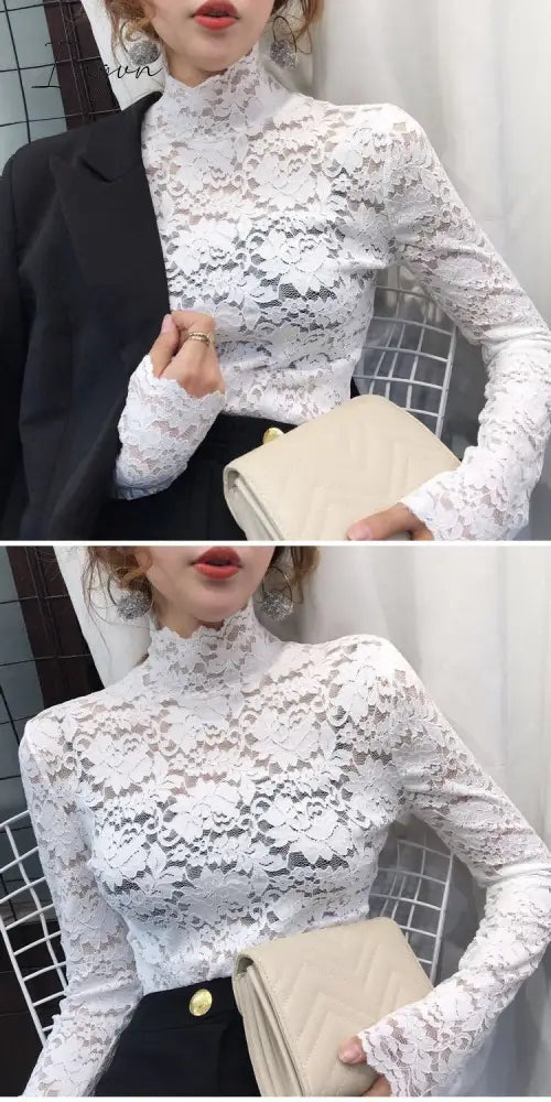 Ingvn - gifts for women Plus Size Women Lace Blouses Shirts Sexy Hollow Out Long Sleeve Solid Blouse Lady Elegant Floral Embroidery Elastic Shirt Tops