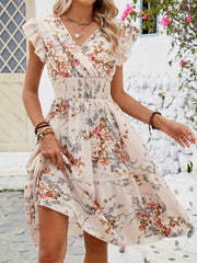 Elegant Peplum A-Line Dress with Crisscross Neck - Shirred Waist, Micro Elasticity, Semi-Sheer, Floral Random Print - Machine Washable, Customized, Spring/Summer Womens Clothing