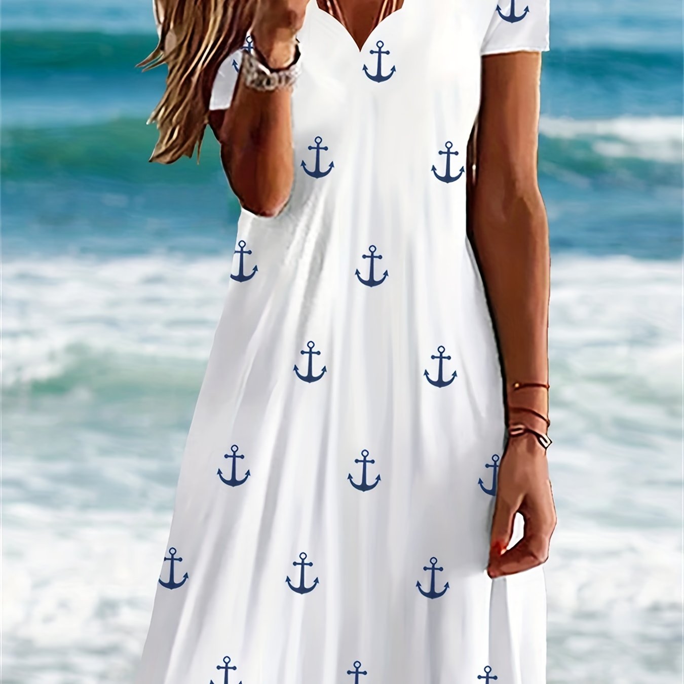 Plus Size Midi Fit and Flare Dress - V Neck Ruffle Neck Short Sleeve with Slight Stretch - Summer Casual Anchor Print Floral Trim Polyester Knit Fabric