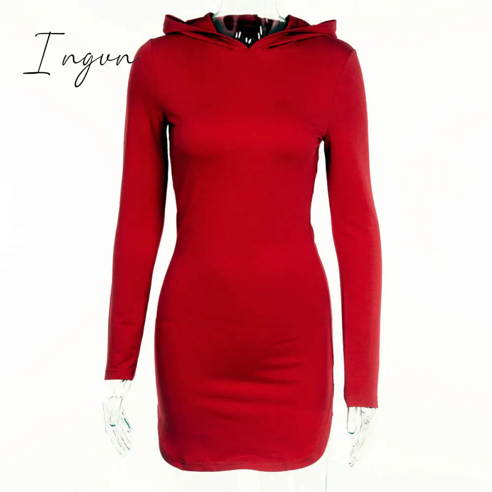 Ingvn - Women Sexy Bodycon Dress Spring Autumn Winter Woman Hooded Long Sleeve Wine Red Suede Dress robe femme