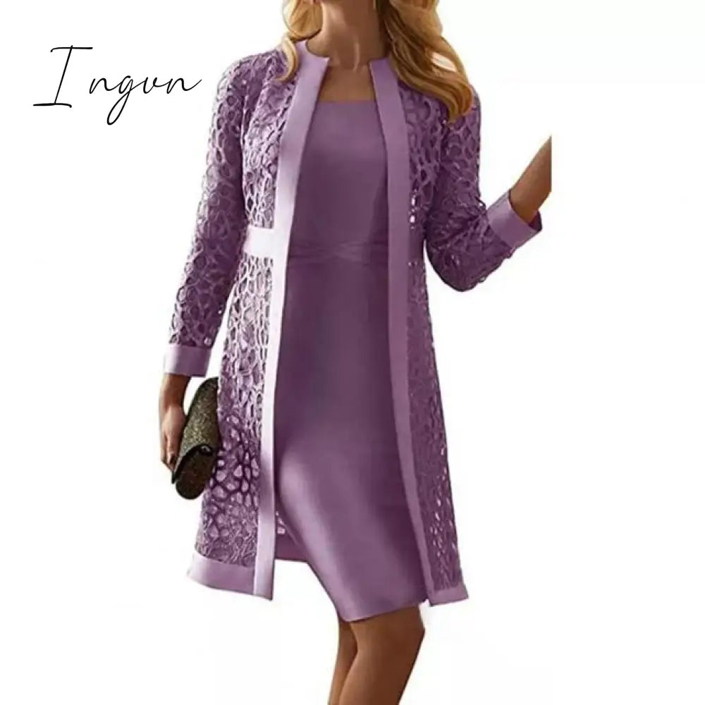 Ingvn - Spring Autumn Two Piece Dress Women Long Sleeve Knee Length Jacket Mother of The Bride Dresses Formal Party Evening Gown Dress Plus Size S-5XL
