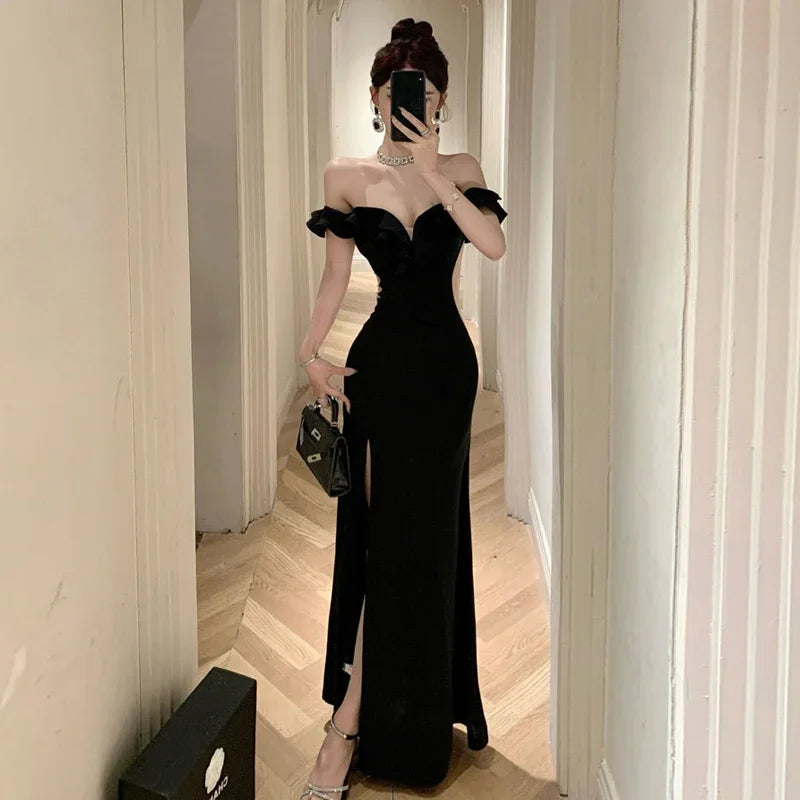 Ruffled One Shoulder Strapless Evening Dress Women Spring Summer Elegant High Waist Slim Wrapped Slit Long Dresses