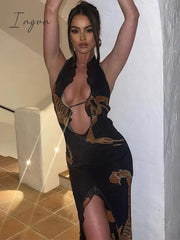 Ingvn - Elegant Halter Backless Print Maxi Dress Women New Fashion Lace-up Sleeveless Bodycon Printed Sexy Party Long Dress