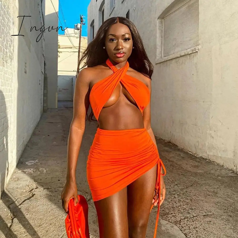 Ingvn - New Summer Sexy Women's Coffee Color Cross Hanging Neck Sleeveless Tight Mini Dress