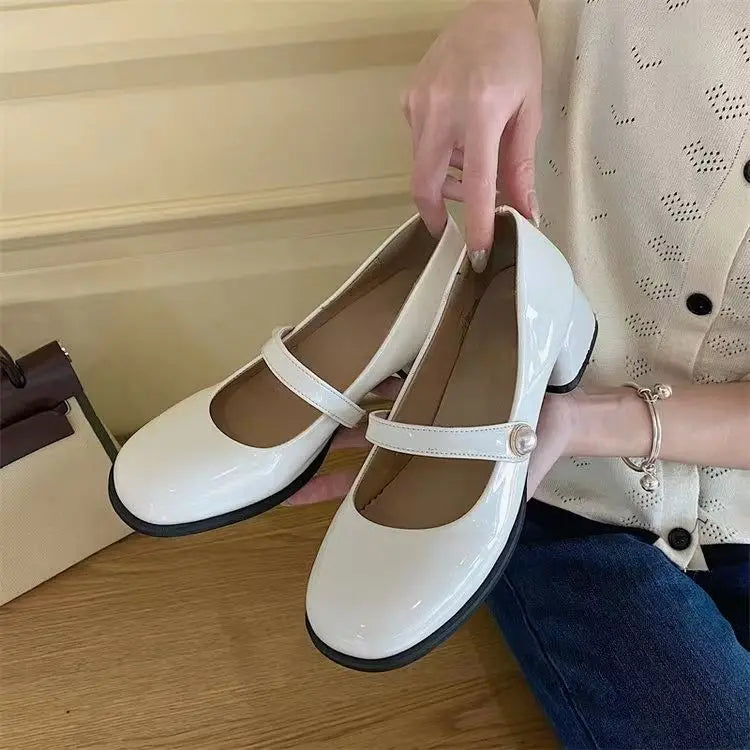 Ingvn  Shoes for Woman  Square Heels Women's Summer Footwear with Medium Mary Jane Black Japanese Style Lolita Gothic Pearl Korean