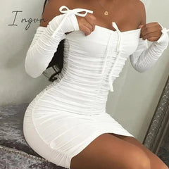 Ingvn - Summer New Sexy Off Shoulder Long Sleeve Pleated Lace Up Tight Mini Short Women's Dress
