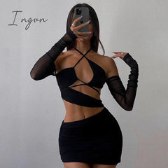 Ingvn - Halter Sexy Cut Out Bodycon Dress Bandage Party Club Elegant Irregular Backless Mesh Ruched Mini Dresses Outfits