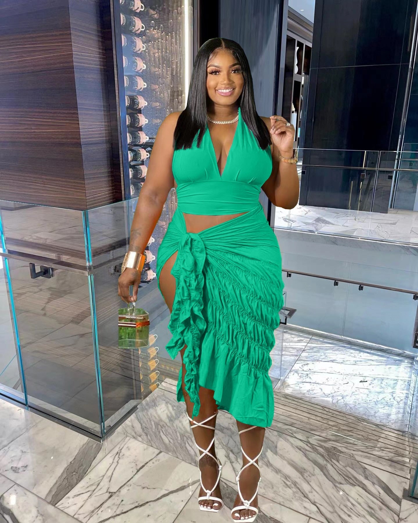 Summer Beach Style Two Piece Set Women Fashion Sexy Printed Off The Shoulder Tube Top Fold Lace-up Slit Skirt 2 Piece Suit Women