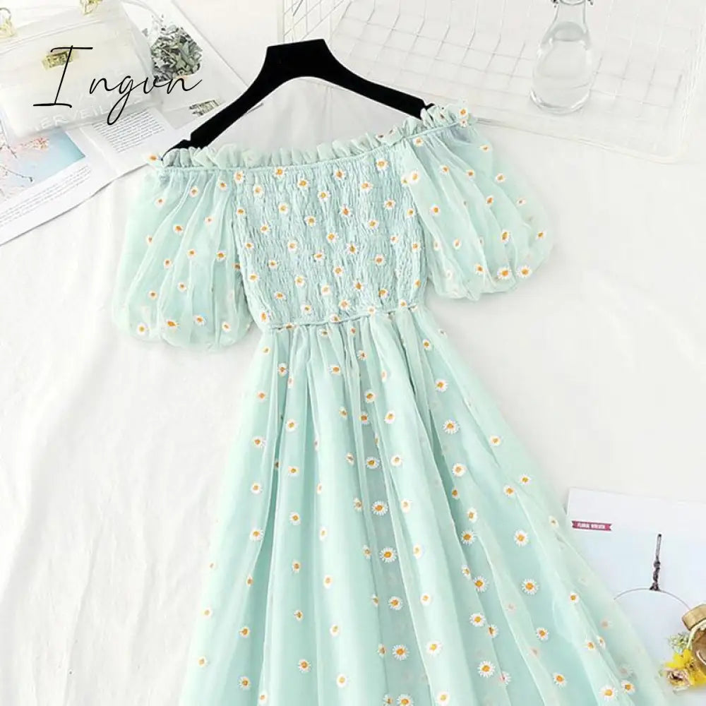 Ingvn - small daisies embroidery mesh dresses women sexy off the shoulder french vintage party ruffle dresses elegant vestidos