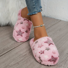 Warm Star Pattern Slippers, Casual Slip On Plush Lined Shoes, Comfortable Indoor Home Slippers