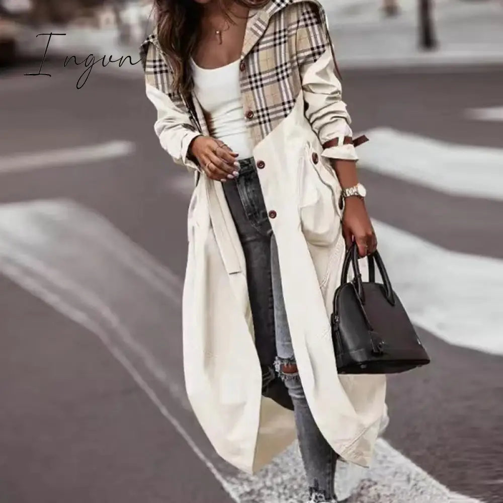 Ingvn - Women's Khaki Striped Plaid Contrast Long Trench Coat