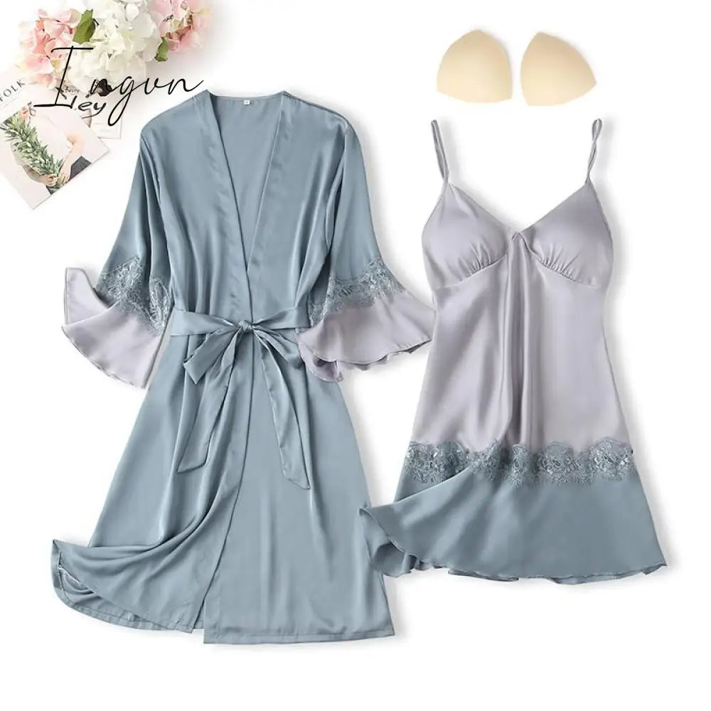 Ingvn - Lace Trim Sexy Wedding Lady Robe Suit Loose Satin Bride Bridesmaid Kimono Bathrobe Gown Mini Sleepwear Rayon Intimate Lingerie