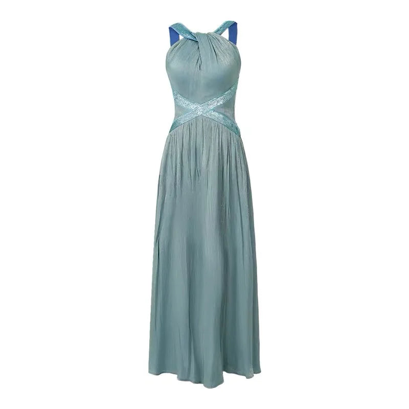 Elegant Host Evening Dress Women's French Hanging Neck Shiny Silk Satin Backless Waist Large Swing Robe Party Catwalk Vestidos