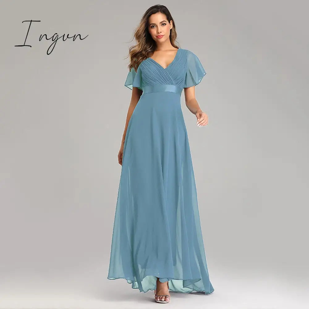 Ingvn - Evening Dresses Elegant V-Neck Ruffles Chiffon Formal Evening Gown  Robe Vestidos De fiesta Dress for Wedding Party