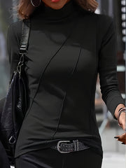 High Neck Slim Fit Polyester Turtleneck Top - Soft, Stretchy, and Breathable for All Seasons - Machine Washable, Casual Long Sleeve Shirt for Women