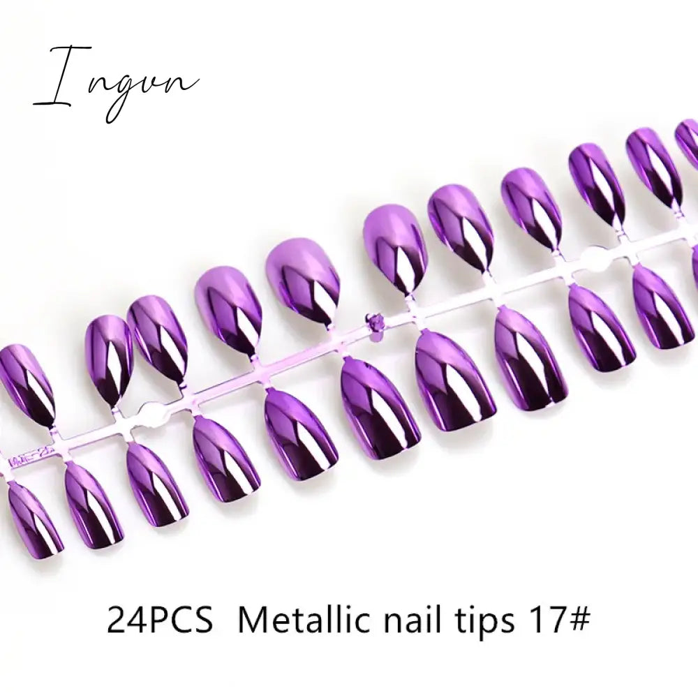 Nails STILETTO Fake Nail Tips 12pcs/Box Metallic False Nail Art Manicure Press on Nails Mirror Look