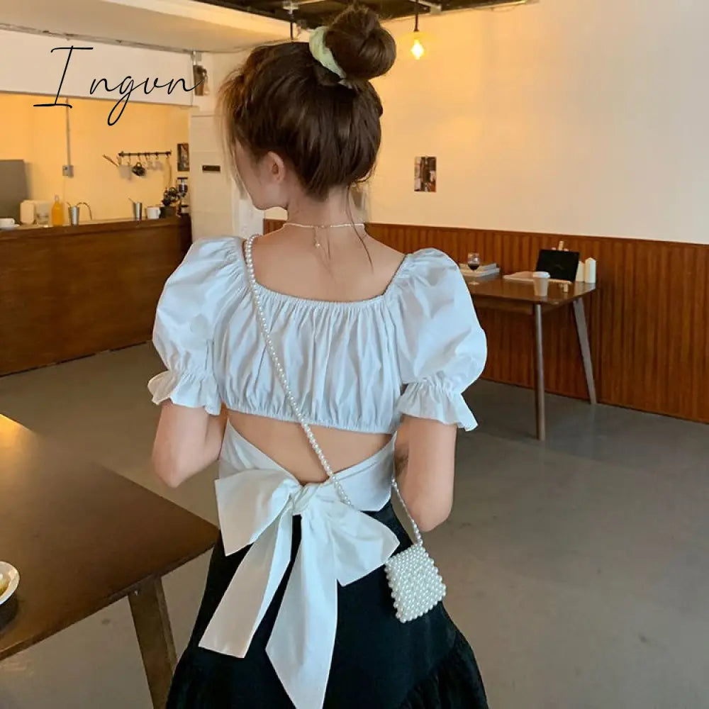 Ingvn - Women Spring Fashion Back Puff Sleeve Shirts Women Autumn French Bow Bandage Blouses New Black Pink Square Neck Cropped Tops Female
