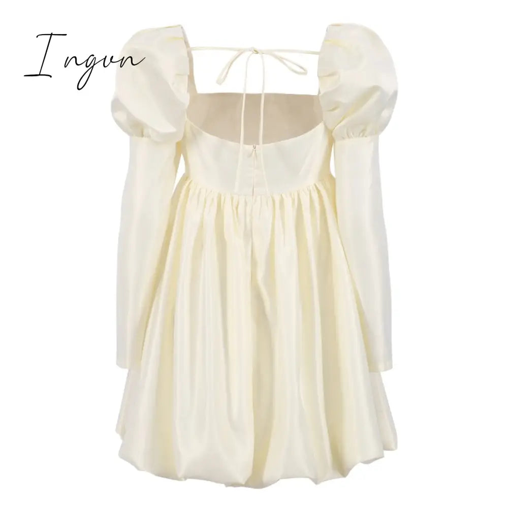 Ingvn - New Fashion Puff Sleeves Woman Party Dress Evening Chic Square Collar Ball Gown Dress Short Beige Satin Dresses Pleated Ladies