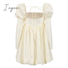 Ingvn - New Fashion Puff Sleeves Woman Party Dress Evening Chic Square Collar Ball Gown Dress Short Beige Satin Dresses Pleated Ladies