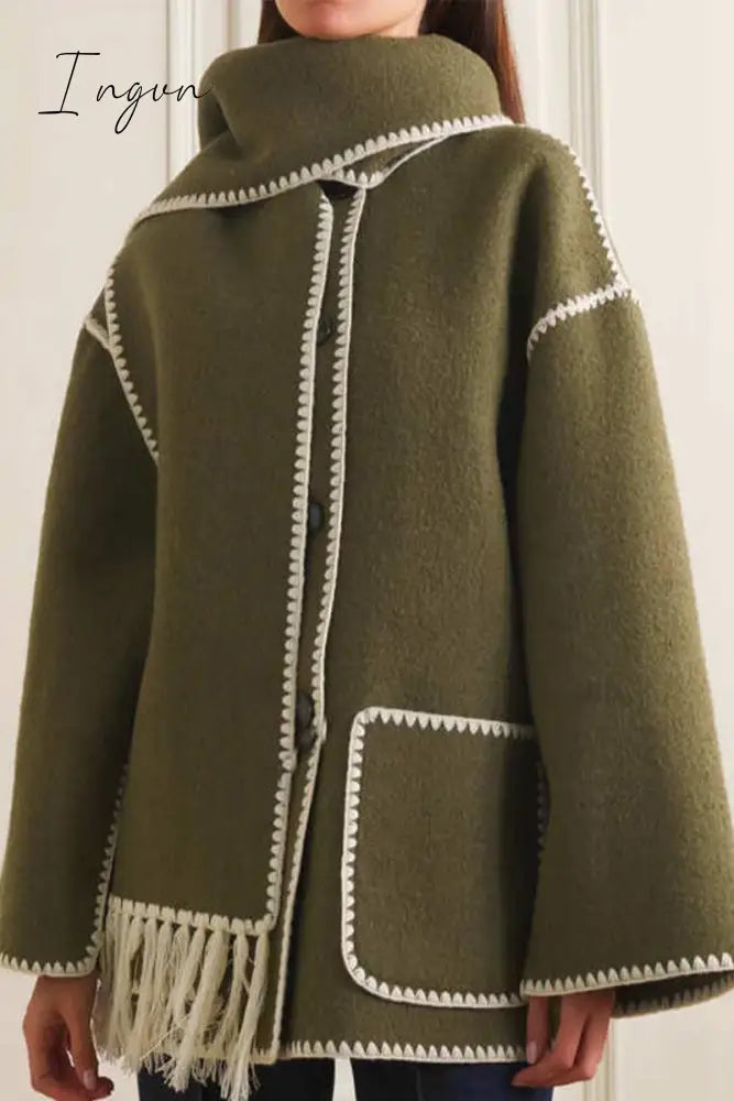 Ingvn - Casual British Style Solid Tassel Contrast Scarf Collar Outerwear
