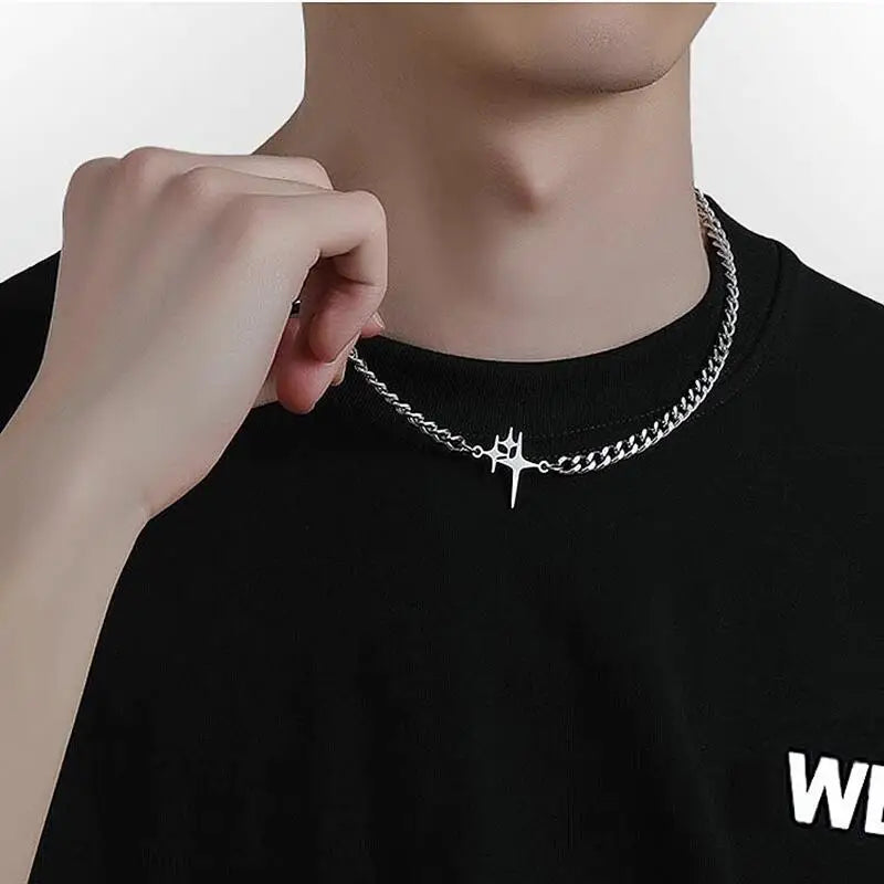 INGVN  Hip Hop Zircon Star Double Layer Necklace For Men Women Trend Charm Titanium Steel Pendant Chain Unisex Jewelry