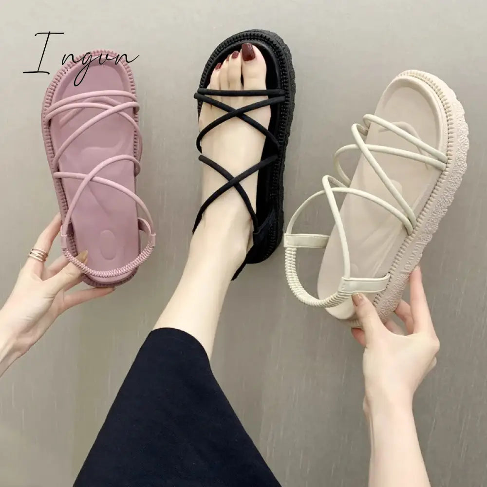 Ingvn - Sandals Women's popular new round toe flat bottom beach Roman sandals in the summer of 2024