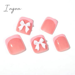 24pcs French Pink False Toenails White Bow Design Summer Press On Nail for Feet Wearable Square Fake Nails Patch Manicure Set
