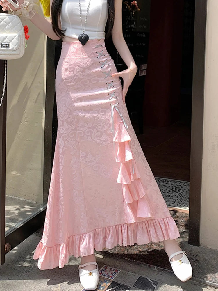 Print Vintage Long Skirt Women Casual Ruffles England Sweet Trumpet Skirts Retro Lace Up Elegant Female Design Long Skirt